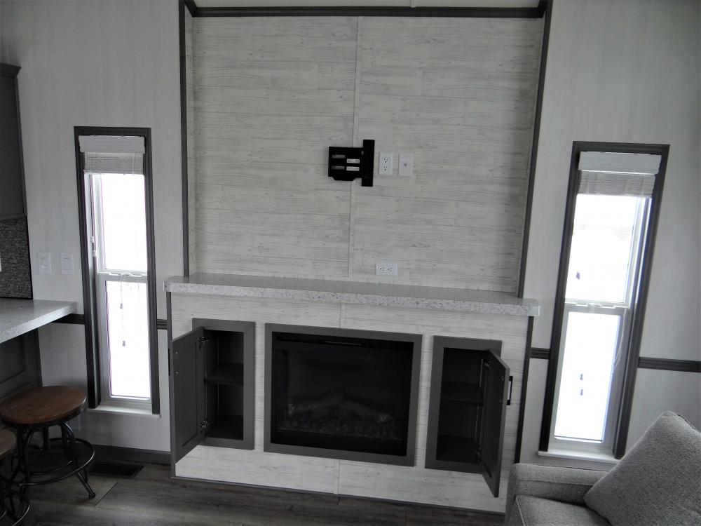 Recessed Entertainment Accent Wall in Noah Cream, Mantle Top, Fireplace & TV Bracket