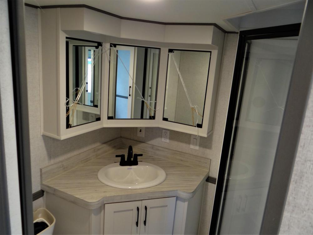 Standard Bathroom with Mirrored Vanity, Porcelain Sink & Single Lever Faucet