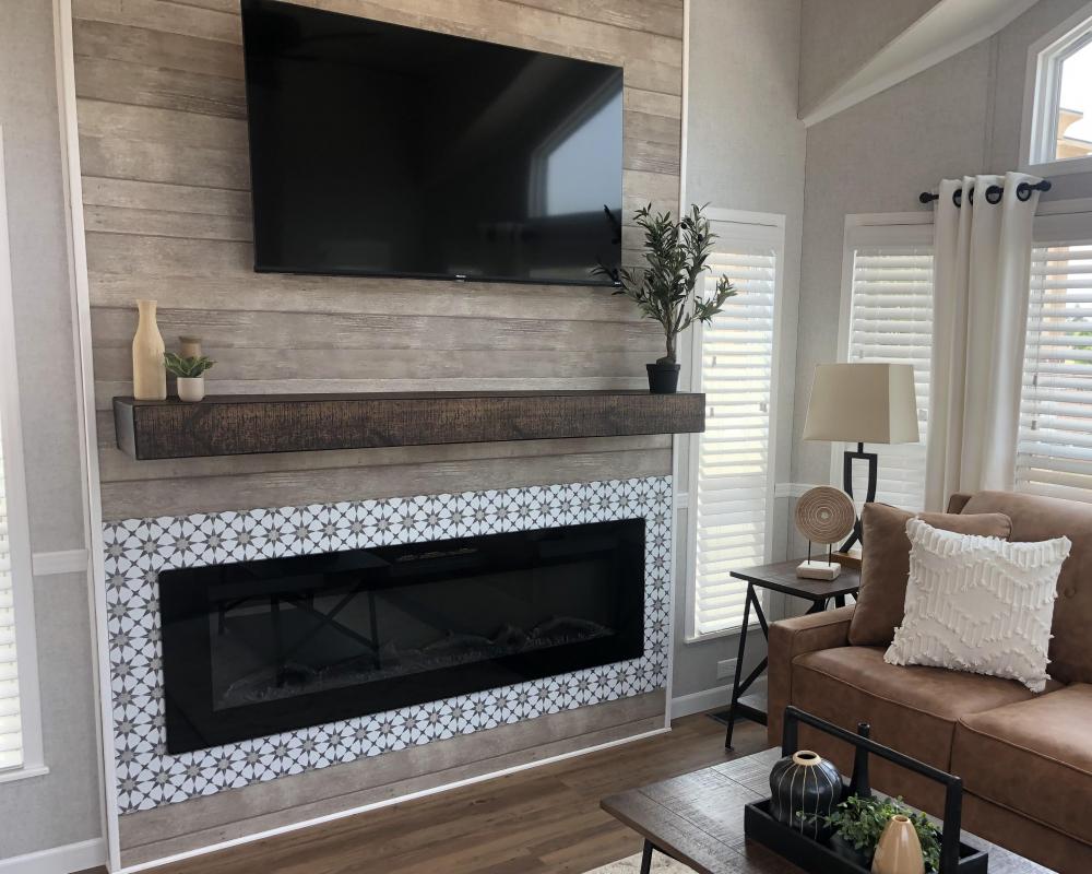 ACCENT WALL - Tan/Knot Paradise
FLOATING MANTEL  - Brown
FIREPLACE SURROUNG - OPTIONGAL - Starling Tan 