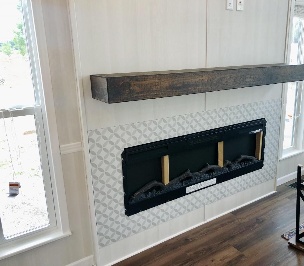 ENTERTAINMENT CENTER FULL LENGTH - FLOATING MANTLE 
Brown Mantle, No Accent & UPGRADE Fireplace Surround - Tan 