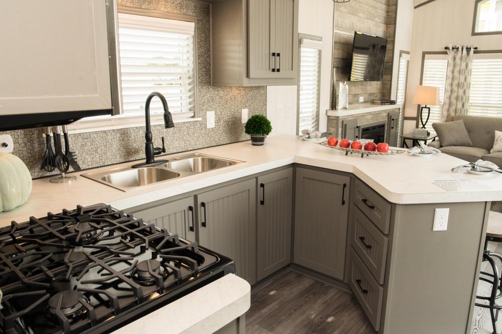 Slate Gray Cabinets, Optional Beadboard Inserts with White Carrara Counter Tops