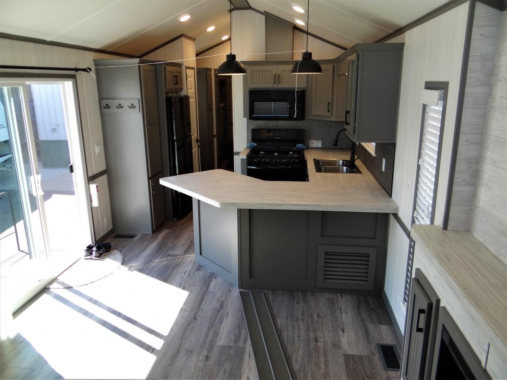 Kingsport PVC Tile, Slate Gray Cabinets with Bead Board Insert Doors