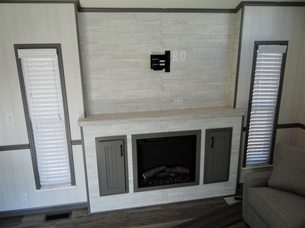 Recessed Entertainment Center with Mantle Top, Fireplace & TV Bracket - Accent Wall in Noah Cream