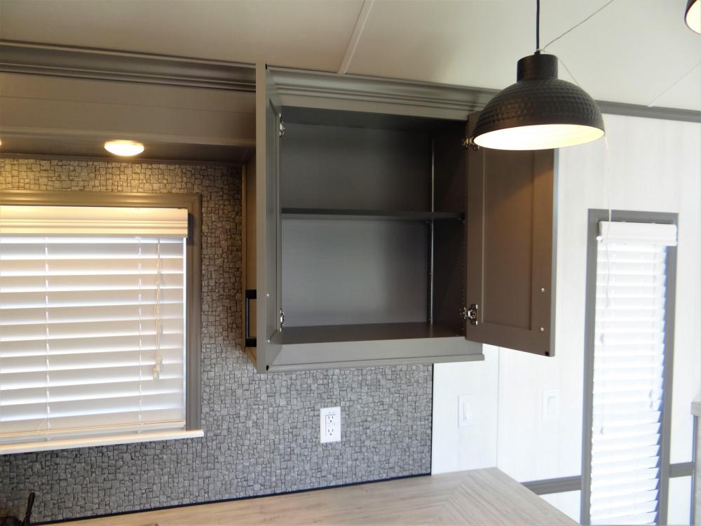 Beaded Matte Pendant Lights (optional), Adjustable Shelves (standard), Crown Molding