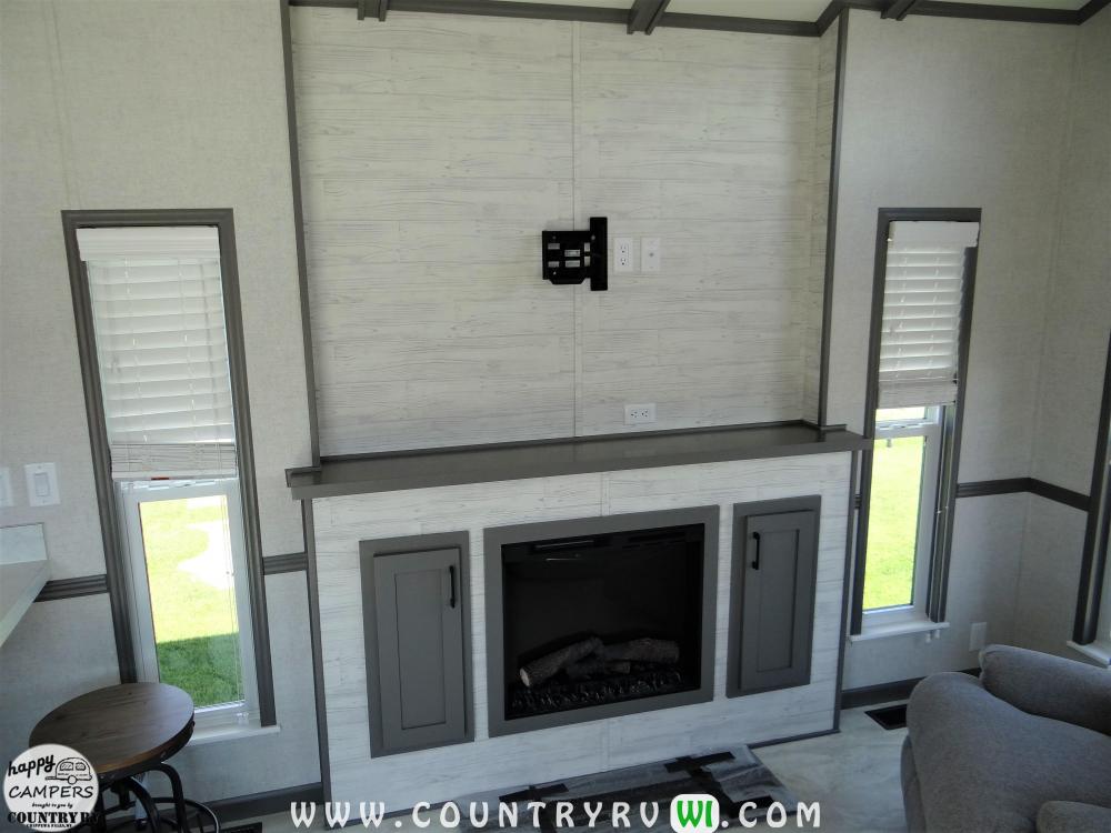 Recessed Entertainment Center with Accent Wall in Noah Cream, TV Bracket, Fireplace & Mantle Top
