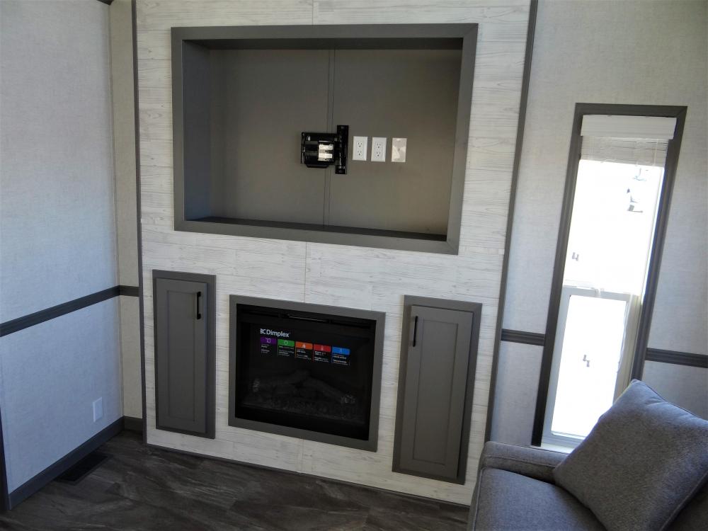 Recessed Entertainment Center with Box, TV Mount, Fireplace with Accent Wall Noah Cream