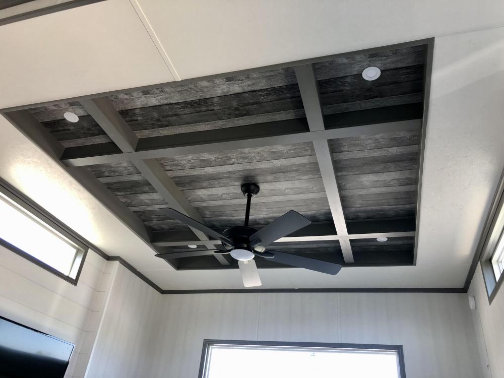 Tray ceiling in Slate Gray & Knotted Rain Accent Panel 