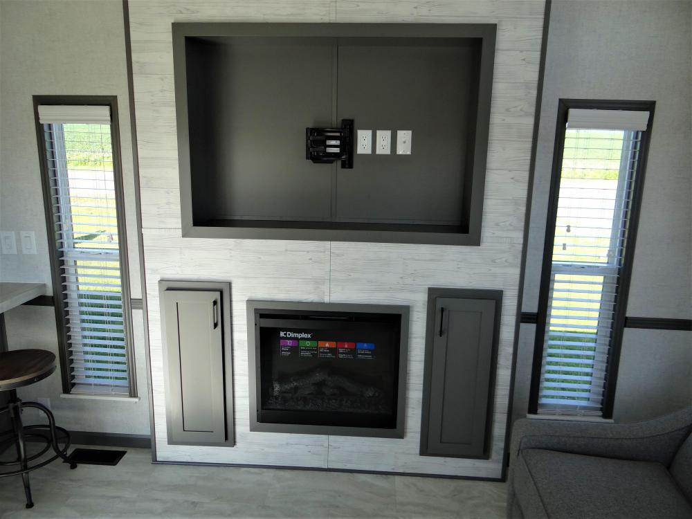 Recessed Entertainment Center with Box Bay for TV, Wire Chase Standard, Optional TV Bracket & Fireplace. Accent Wall in Noah Cream